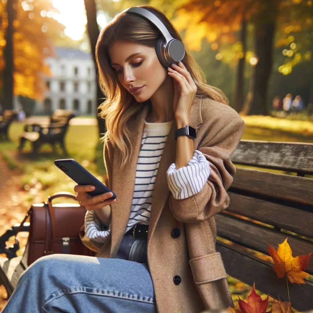 słuchawki do telefonu - kobieta w przykładowym modelu nausznym siedzi na ławce w parku z telefonem w ręku