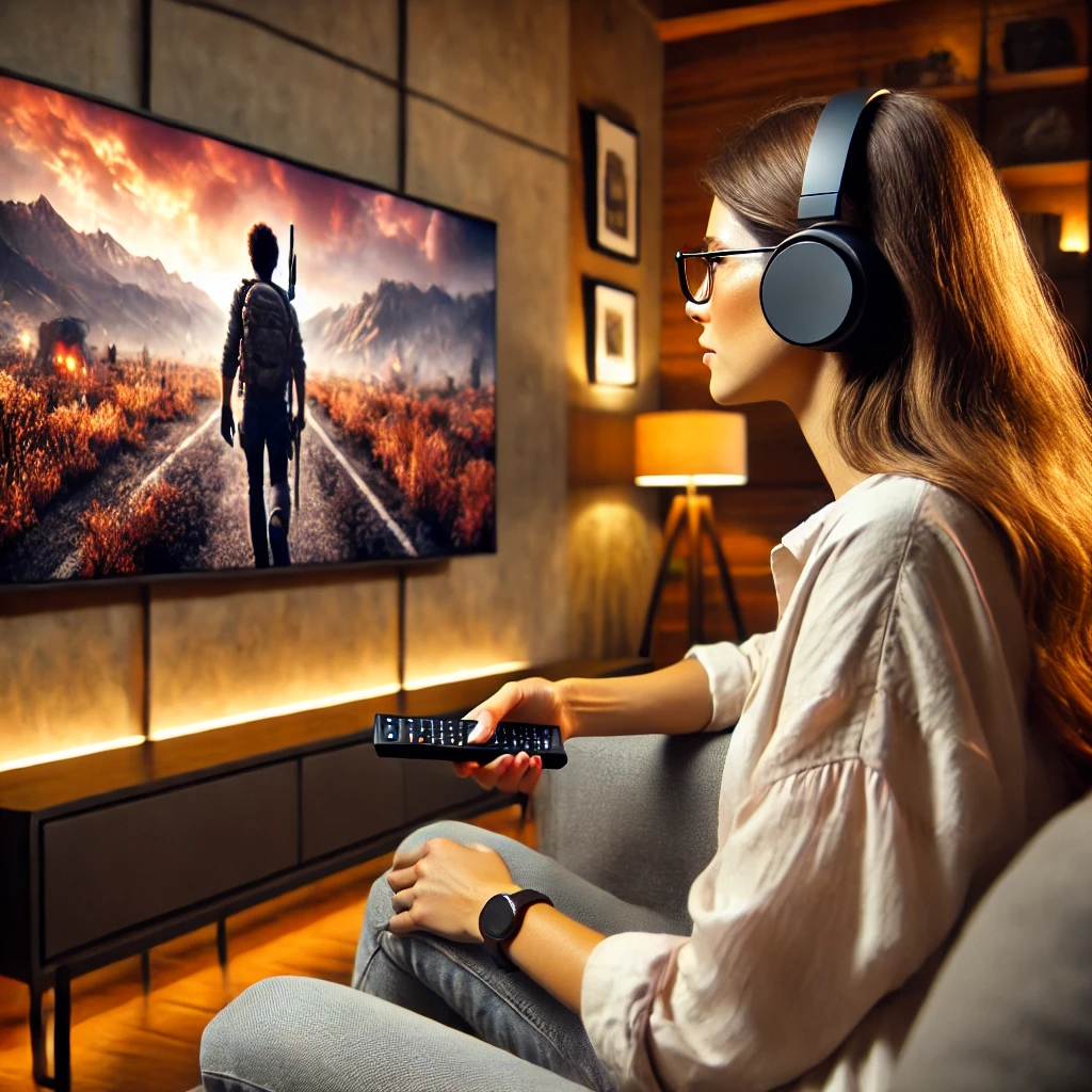 słuchawki do telewizora bezprzewodowe na uszach kobiety w okularach, która siedzi na fotelu oglądając film akcji