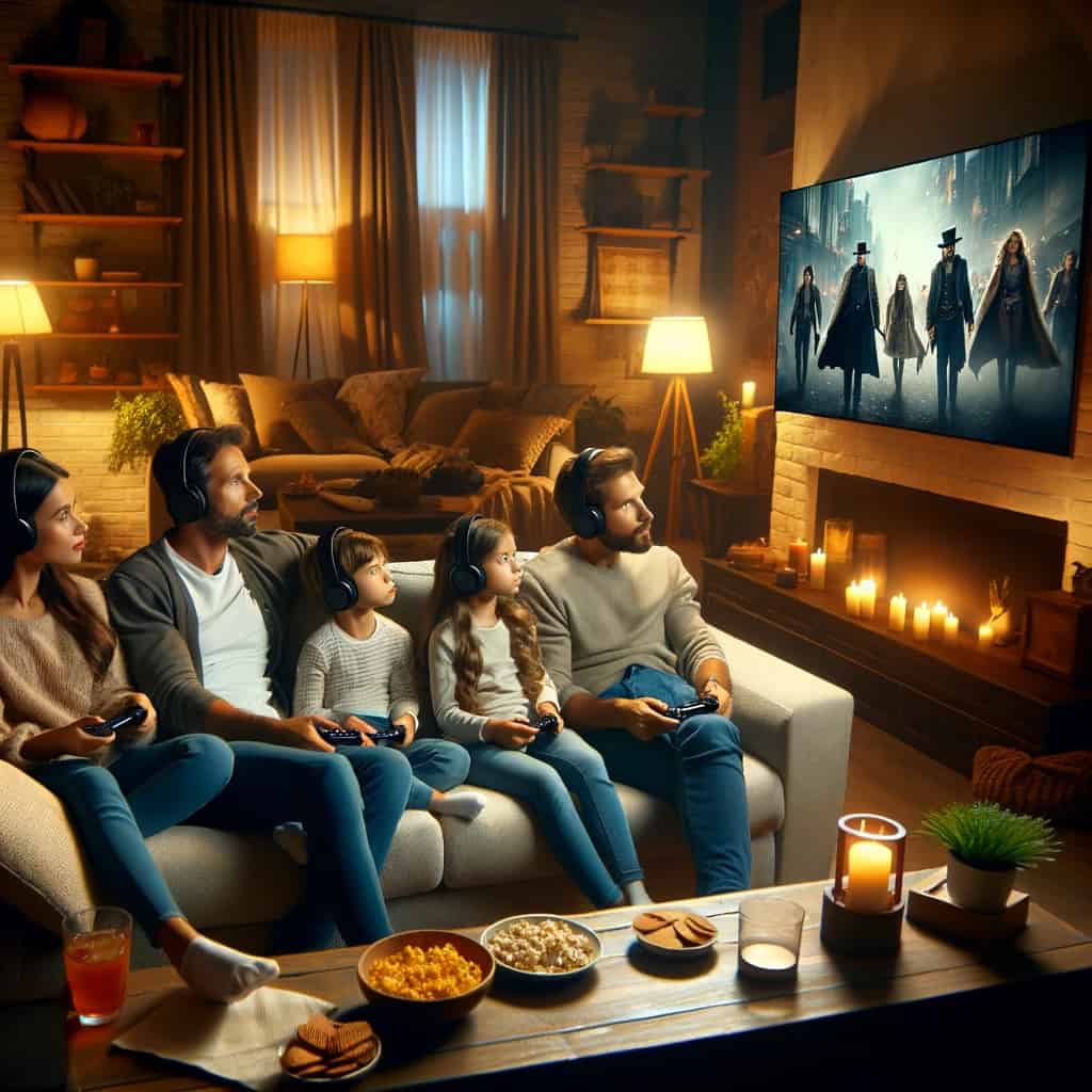 słuchawki do telewizora bezprzewodowe - rodzina oglądająca film w słuchawkach