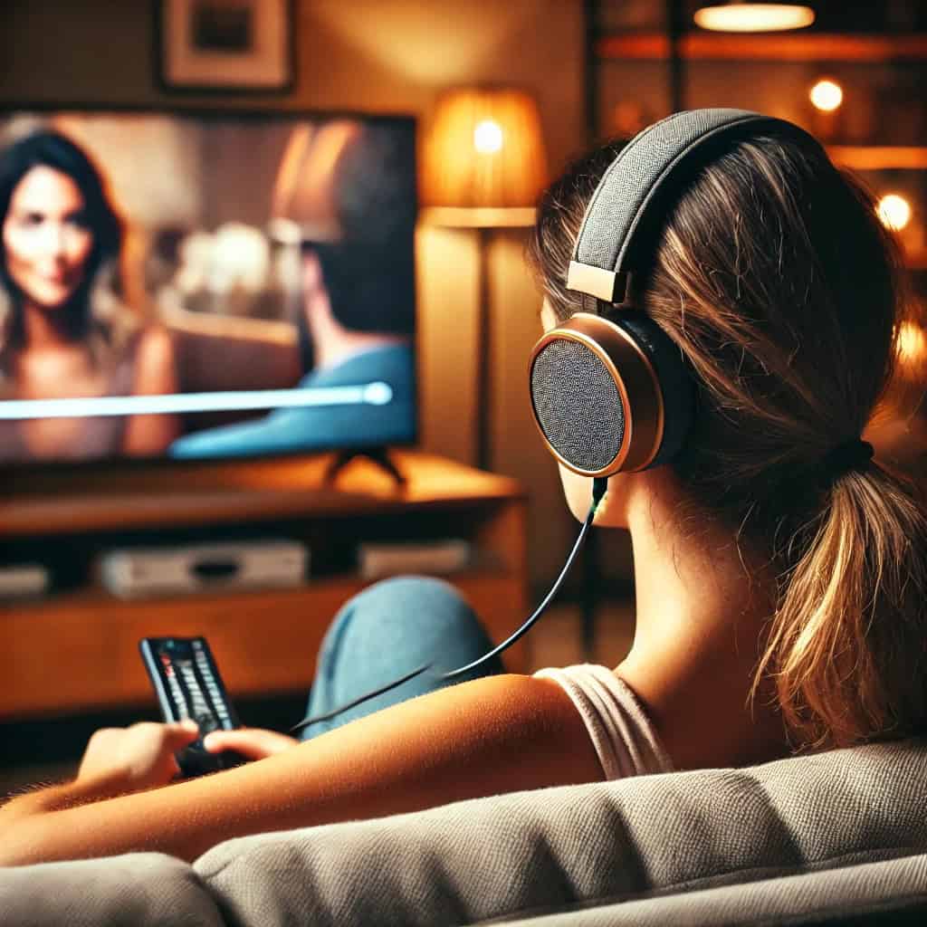 słuchawki do telewizora przewodowe na uszach kobiety oglądającej tv na sofie