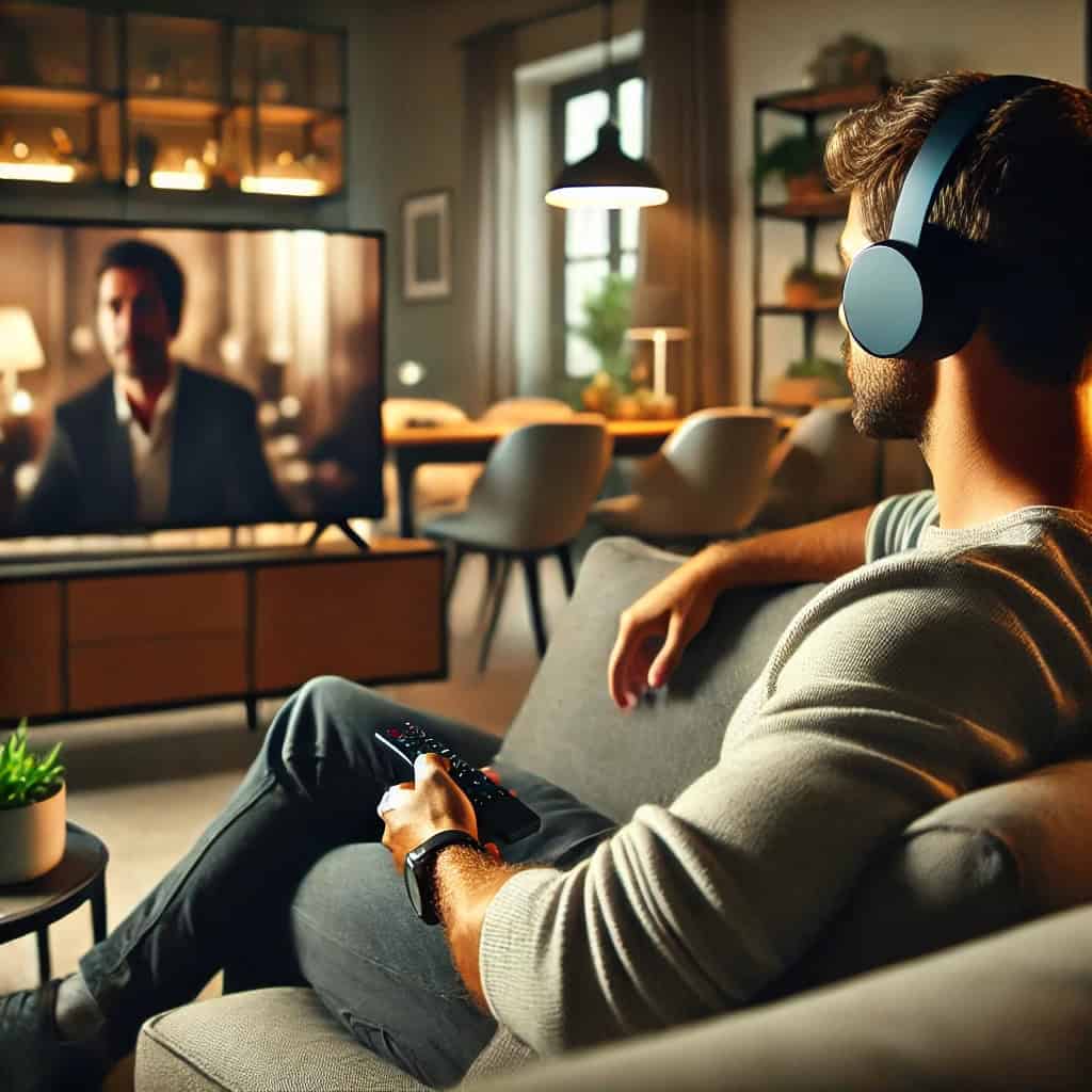 słuchawki do telewizora na uszach mężczyzny siedzącego na sofie i oglądającego film