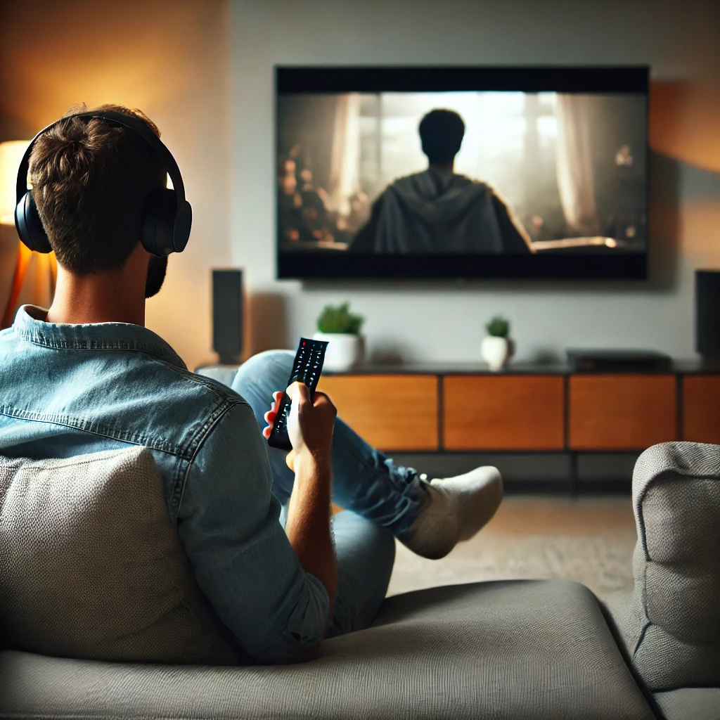 słuchawki do tv bezprzewodowe na uszach mężczyzny wygodnie siedzącego na sofie i oglądającego serial