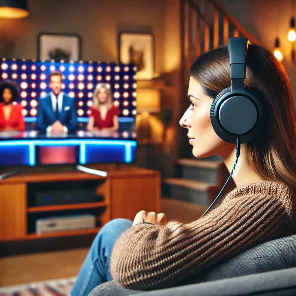 słuchawki do tv przewodowe na uszach kobiety oglądającej teleturniej