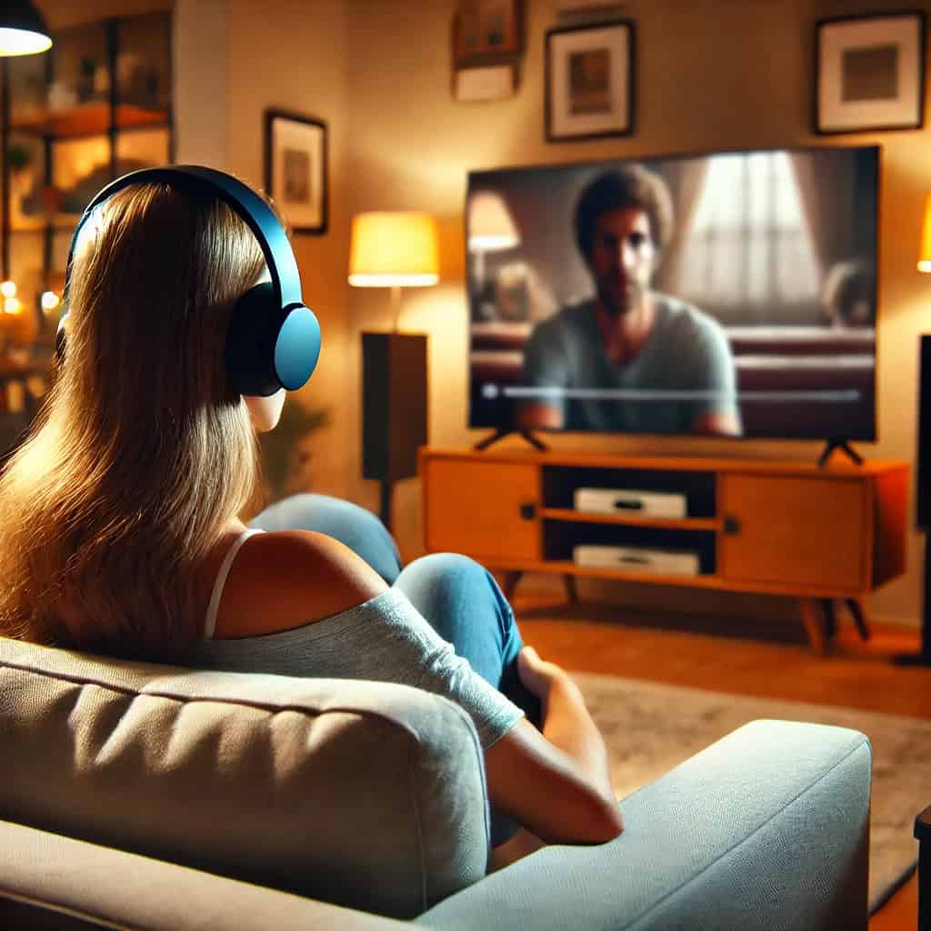 słuchawki do tv na uszach kobiety, która siedzi w fotelu oglądając film