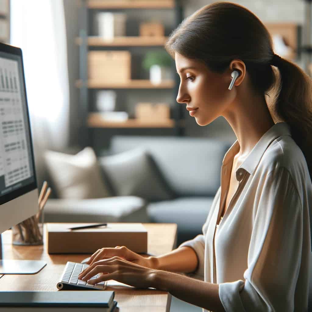 słuchawki douszne do komputera bluetooth na głowie kobiety piszącej coś na klawiaturze pc