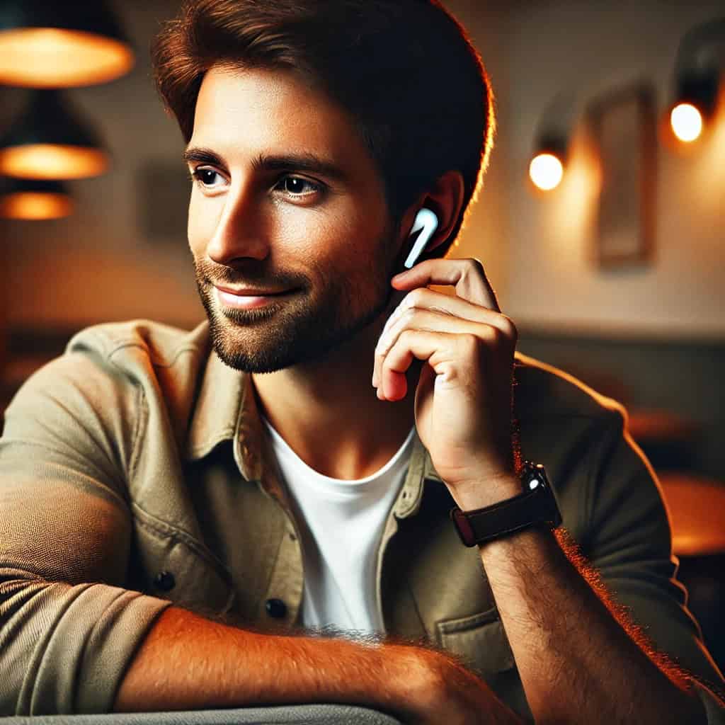 słuchawki douszne do muzyki do 300 zł na uszach mężczyzny siedzącego w barze