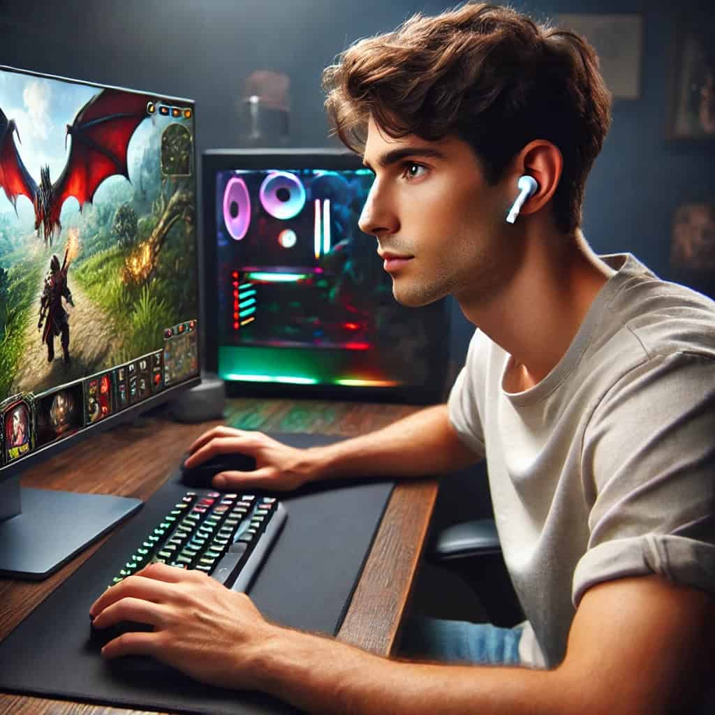 słuchawki dokanałowe dla graczy w uszach mężczyzny grającego w grę na PC