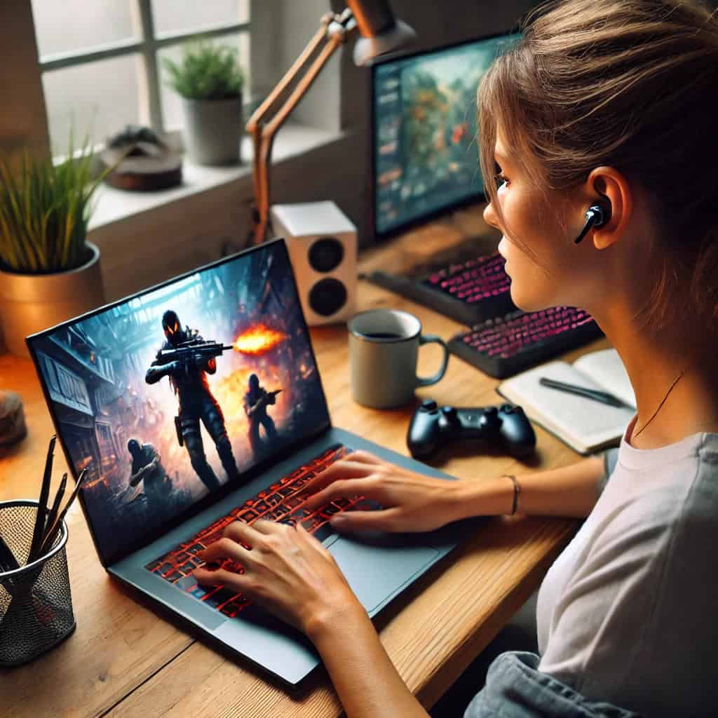 słuchawki dokanałowe gamingowe w uszach kobiety grającej w grę na laptopie