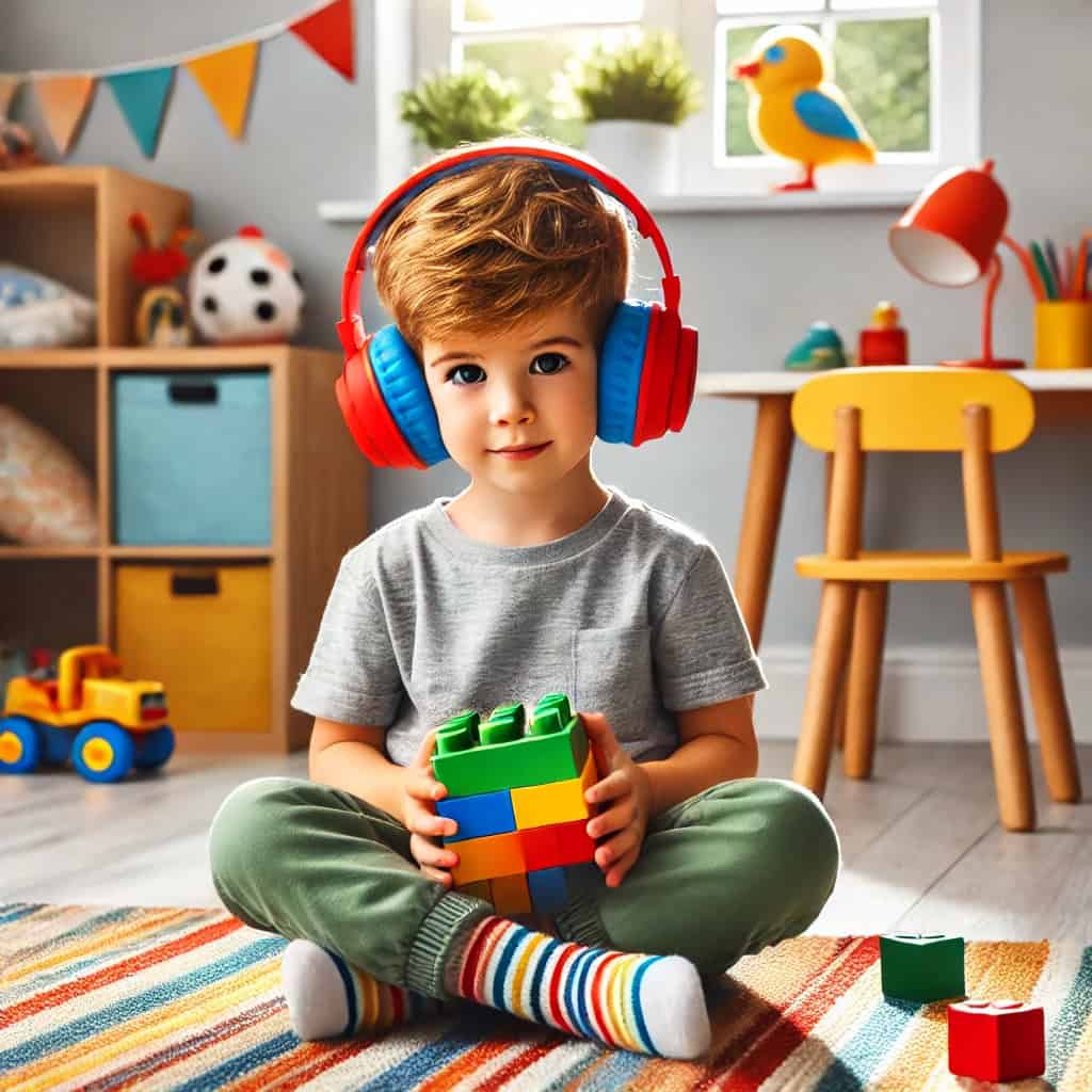 słuchawki dla małych dzieci na głowie chłopca, który bawi się klockami