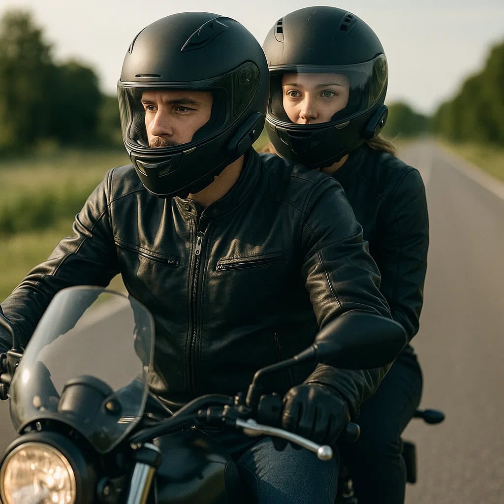 słuchawki dla motocyklistów - mężczyzna z pasażerką w kaskach z interkomami podczas jazdy.