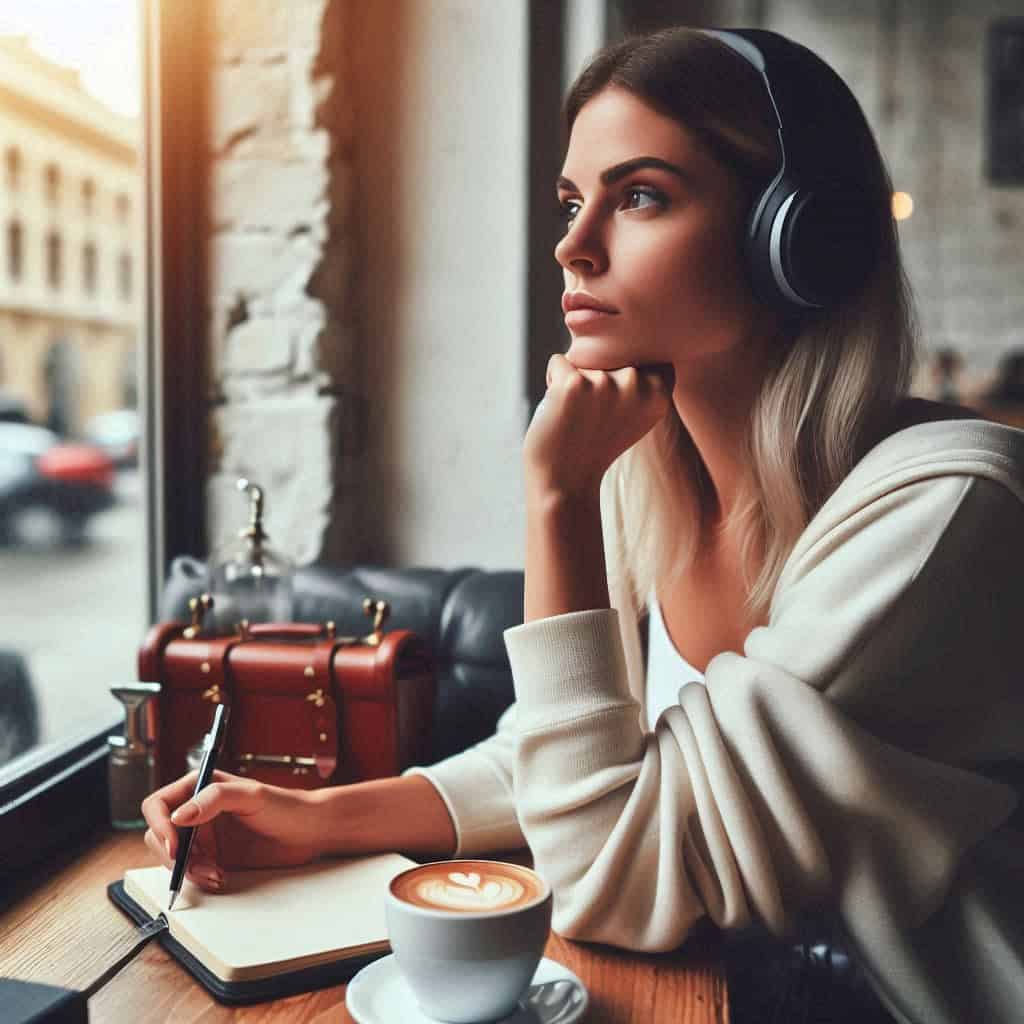 słuchawki dla osób ze spektrum autyzmu na głowie kobiety, która siedzi w kawiarni i wygląda przez okno