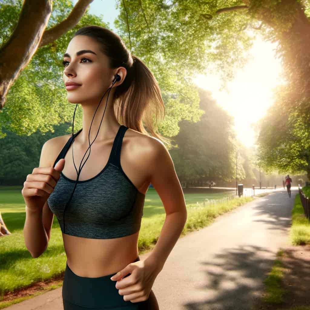 słuchawki dla biegaczy ranking - przykładowy model na głowie kobiety biegnącej ścieżką