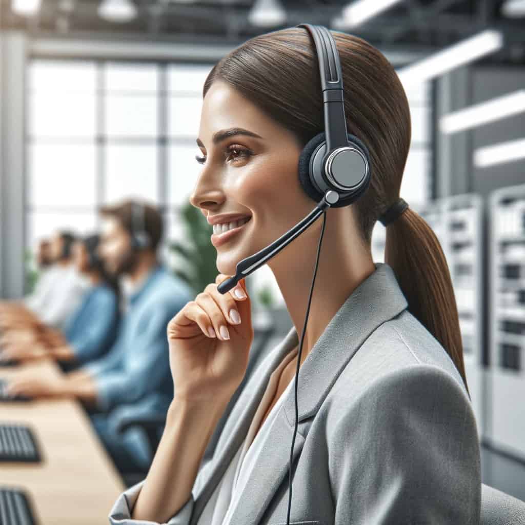 słuchawki dla call center - model prezentowany przez kobietę w biurze