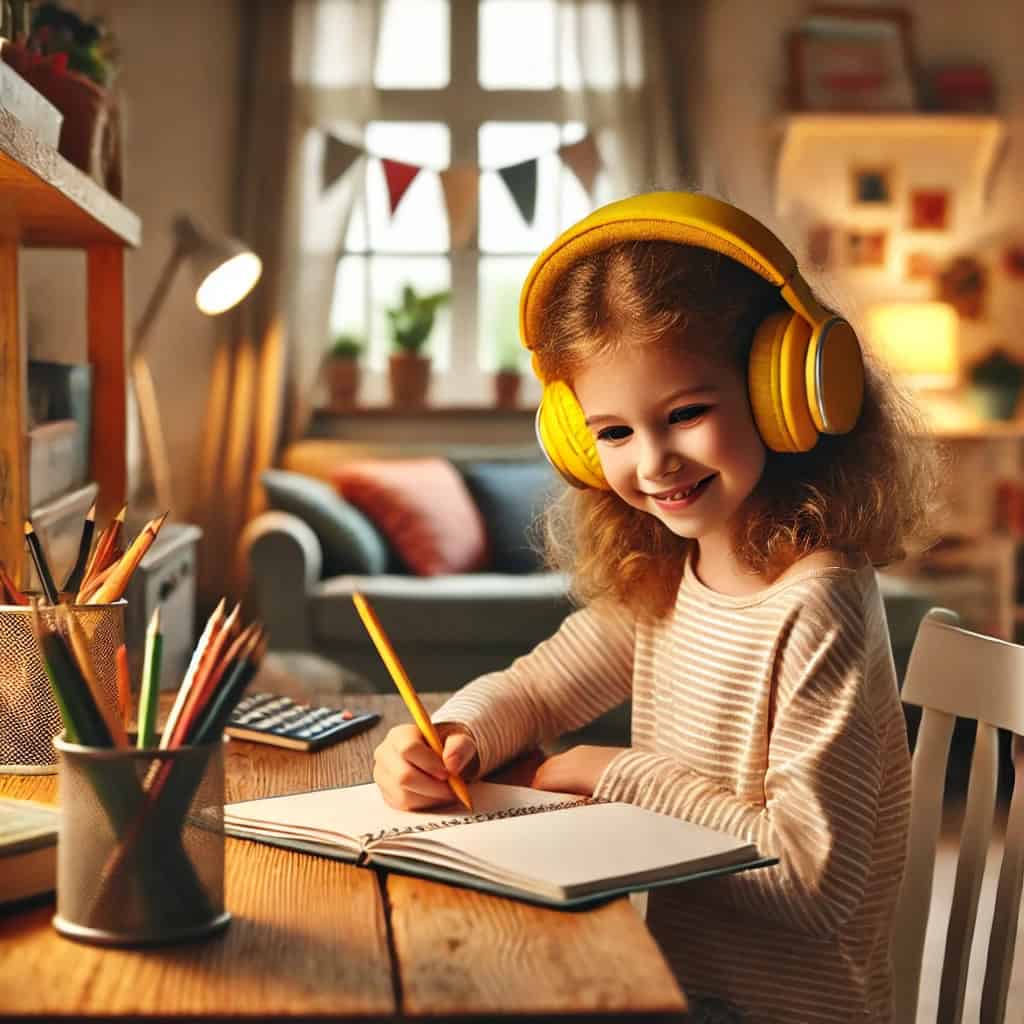 słuchawki dla dziecka ranking - przykładowy model na uszach dziewczynki podczas nauki