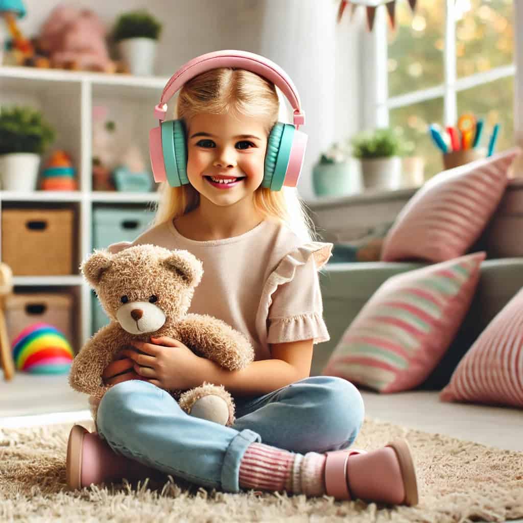 słuchawki dla dziecka na uszach dziewczynki, która siedzi na dywanie
