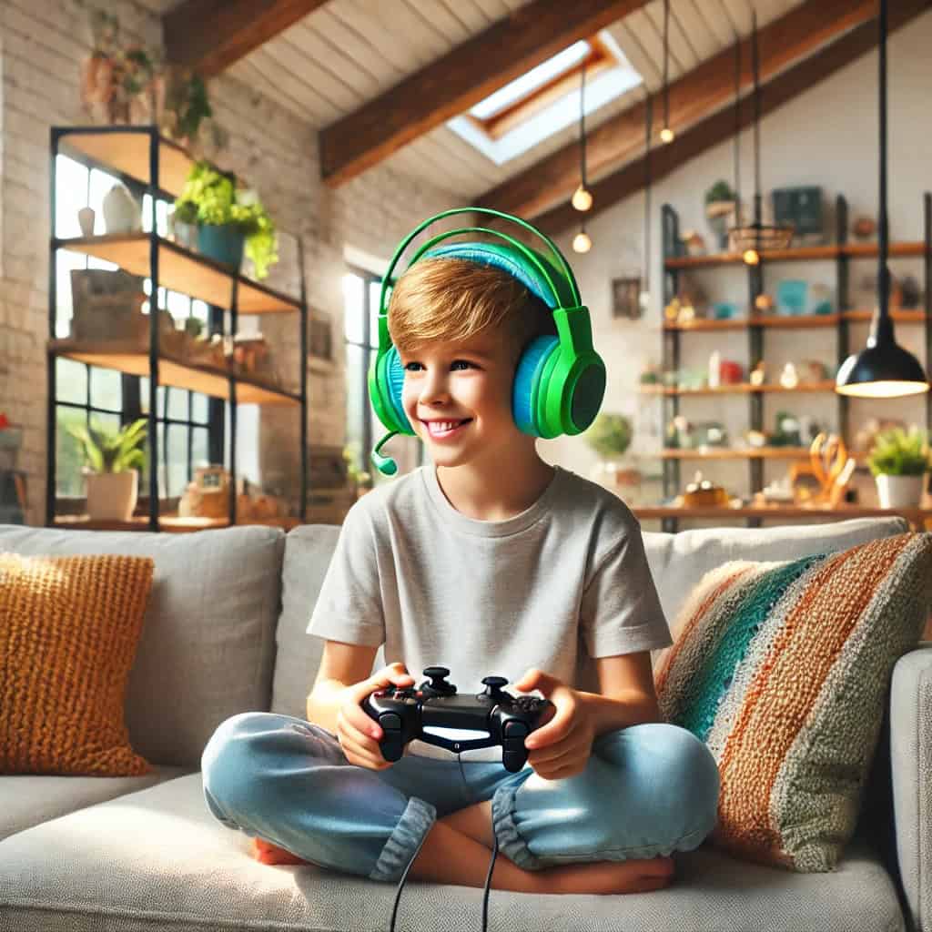 słuchawki dla dzieci z mikrofonem na uszach chłopca grającego w grę online