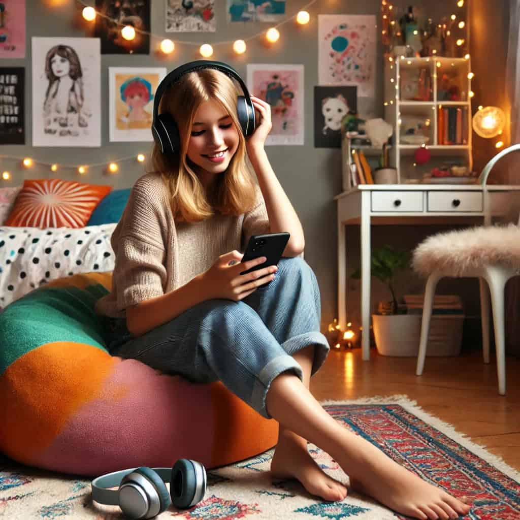 słuchawki dla dzieci bezprzewodowe na głowie nastolatki, która siedzi na łóżku z telefonem