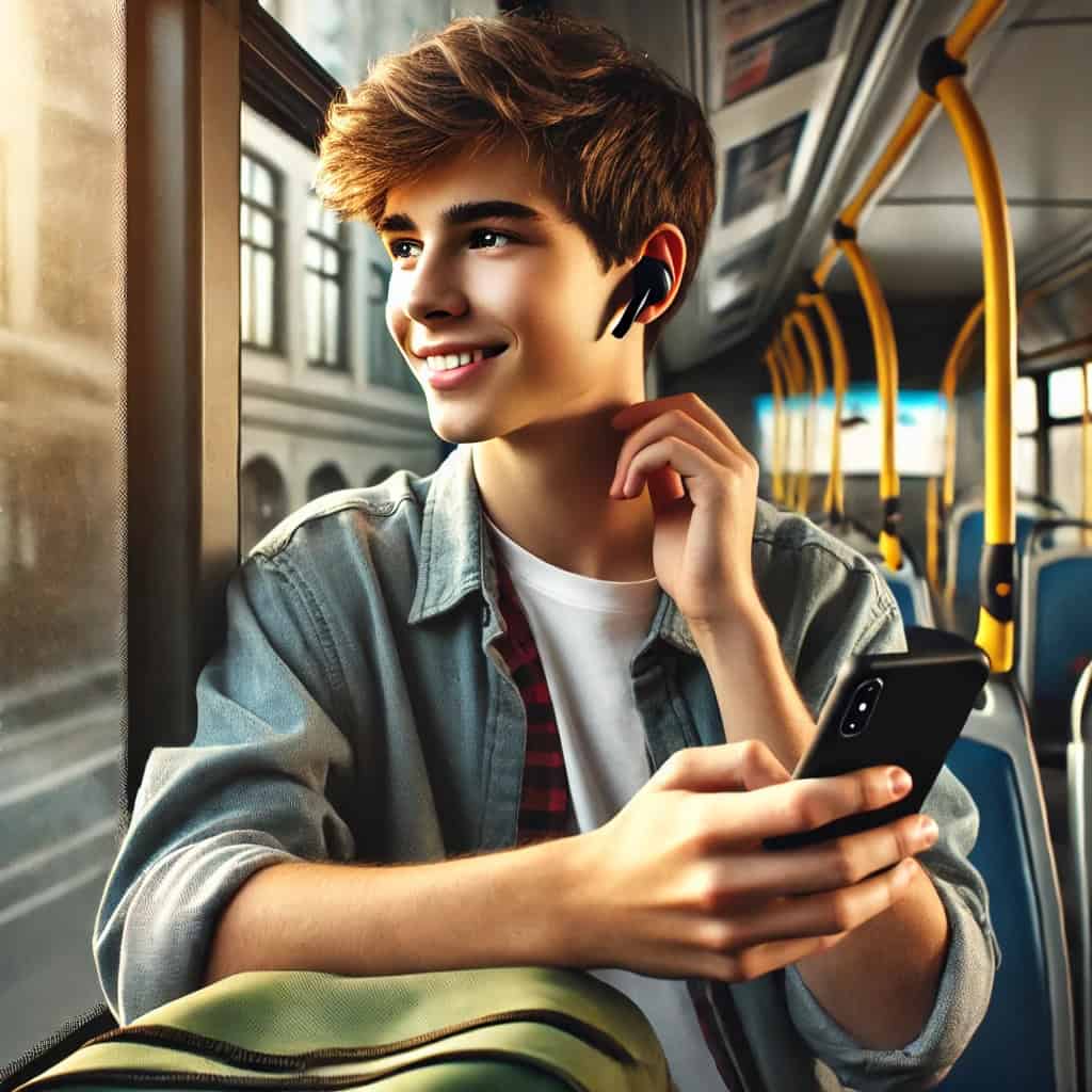 słuchawki dla dzieci douszne na głowie nastolatka jadącego autobusem