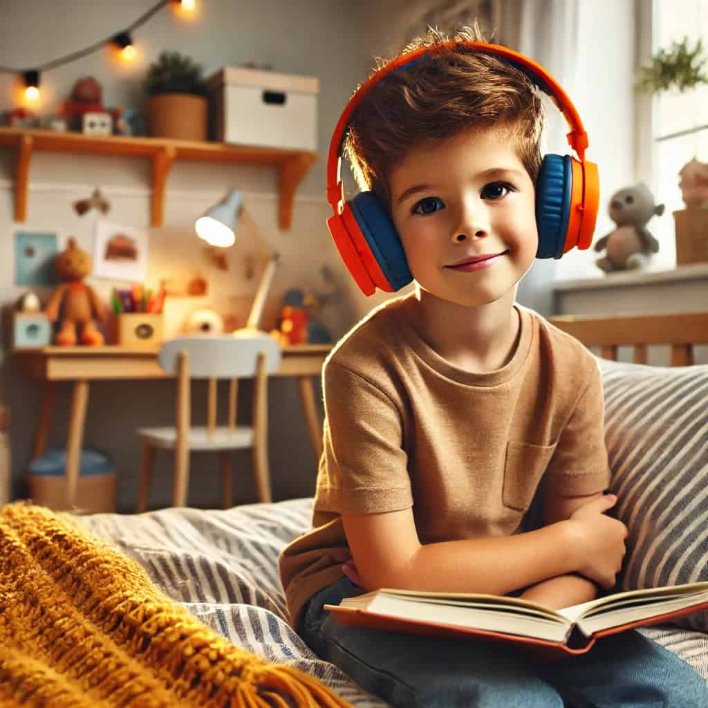 słuchawki dla dzieci opinie - przykładowy model na uszach chłopca z książką