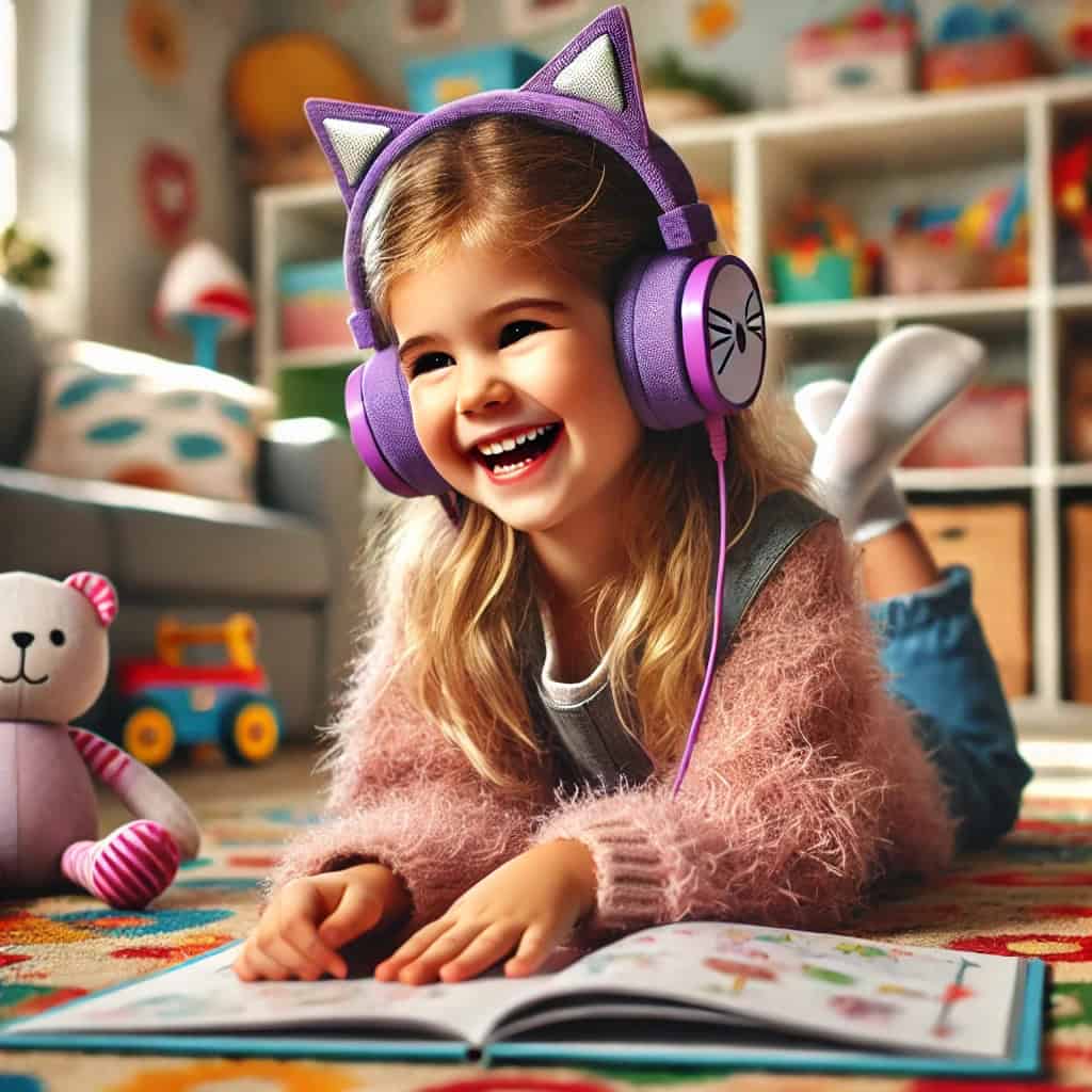 słuchawki dla dzieci przewodowe na uszach dziewczynki oglądającej książkę