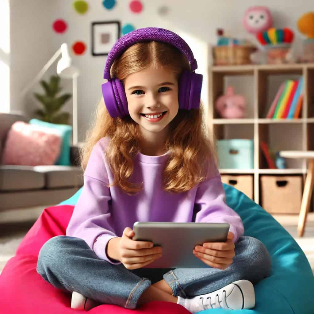 słuchawki dla dzieci na głowie uśmiechniętej dziewczynki z tabletem