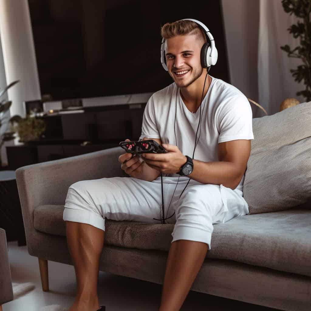 słuchawki dla graczy ranking - przykładowy model na głowie mężczyzny z padem do gier w ręku