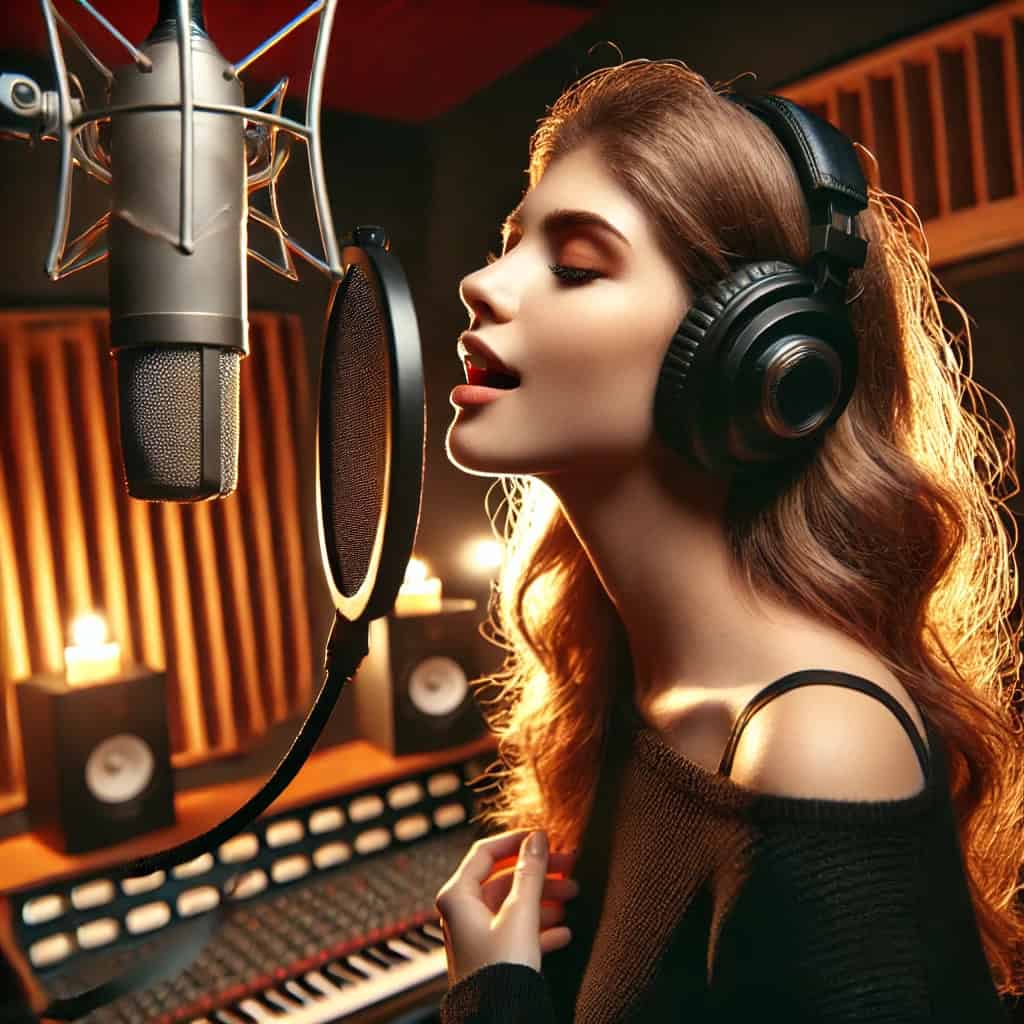 słuchawki dla piosenkarek na głowie wokalistki nagrywającej w studio