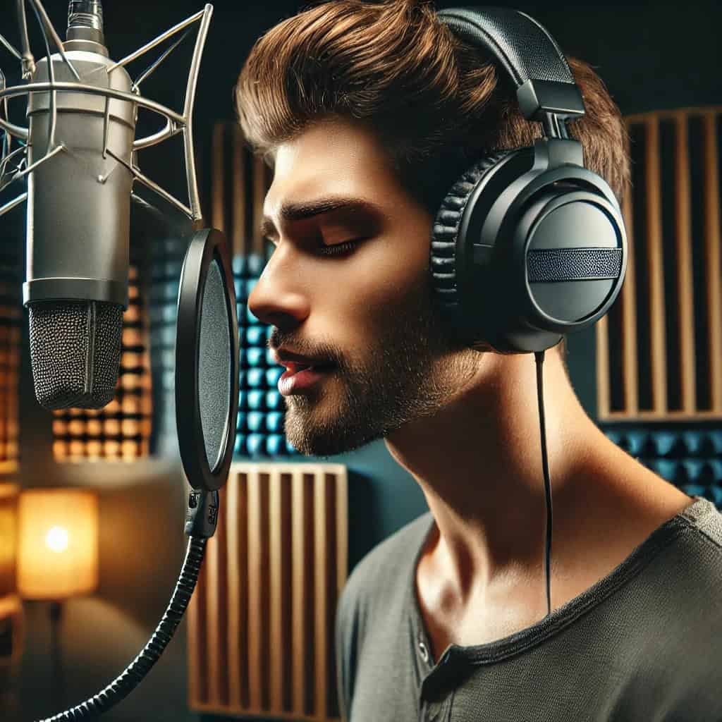 słuchawki dla piosenkarzy na głowie wokalisty śpiewającego w w studio