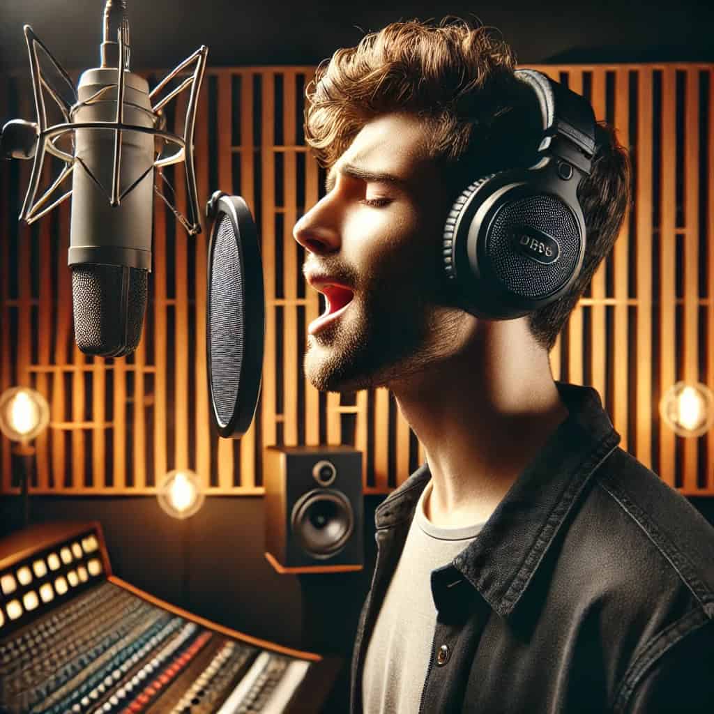 słuchawki dla piosenkarza na głowie mężczyzny pracującego w studio