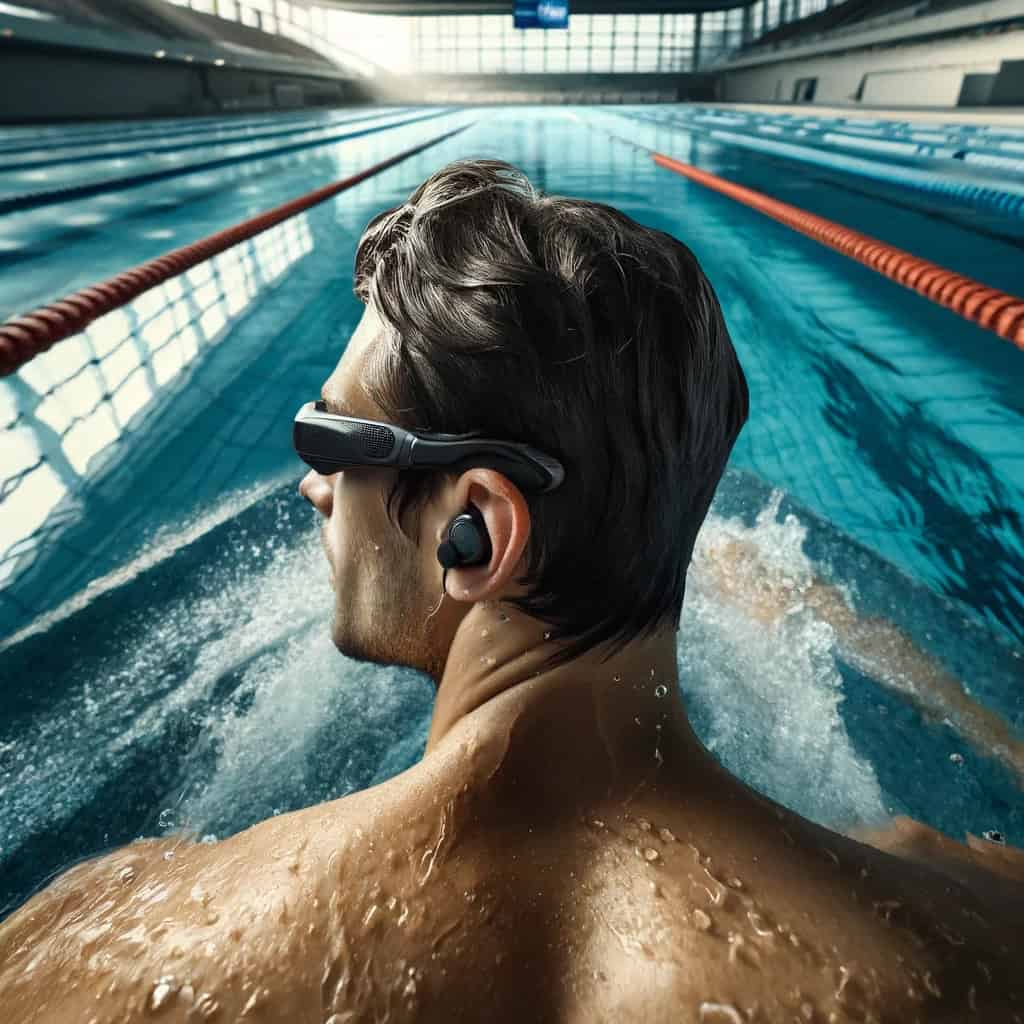 słuchawki dla pływaków - przykładowy model w uszach mężczyzny w okularach do pływania na basenie