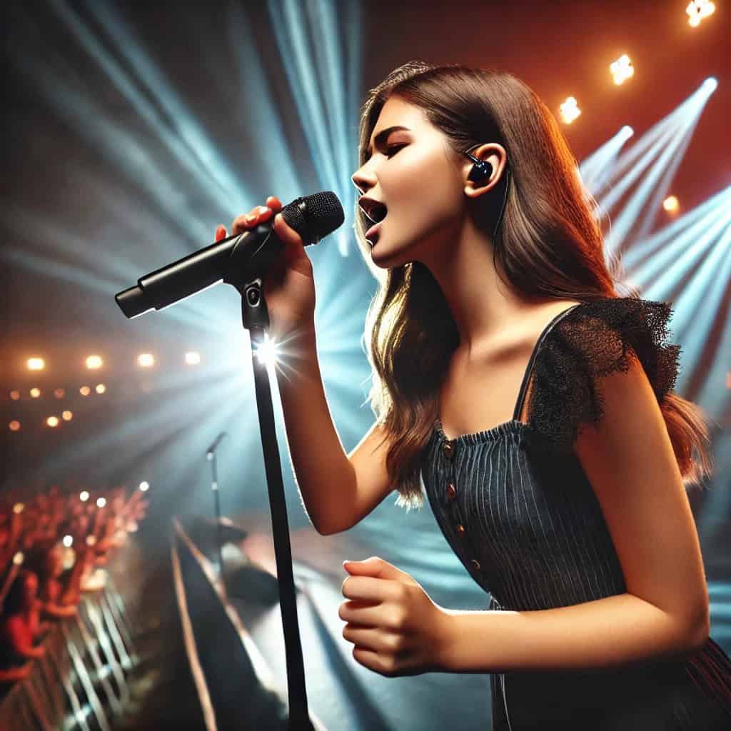 słuchawki dla wokalistek na głowie kobiety śpiewającej na koncercie