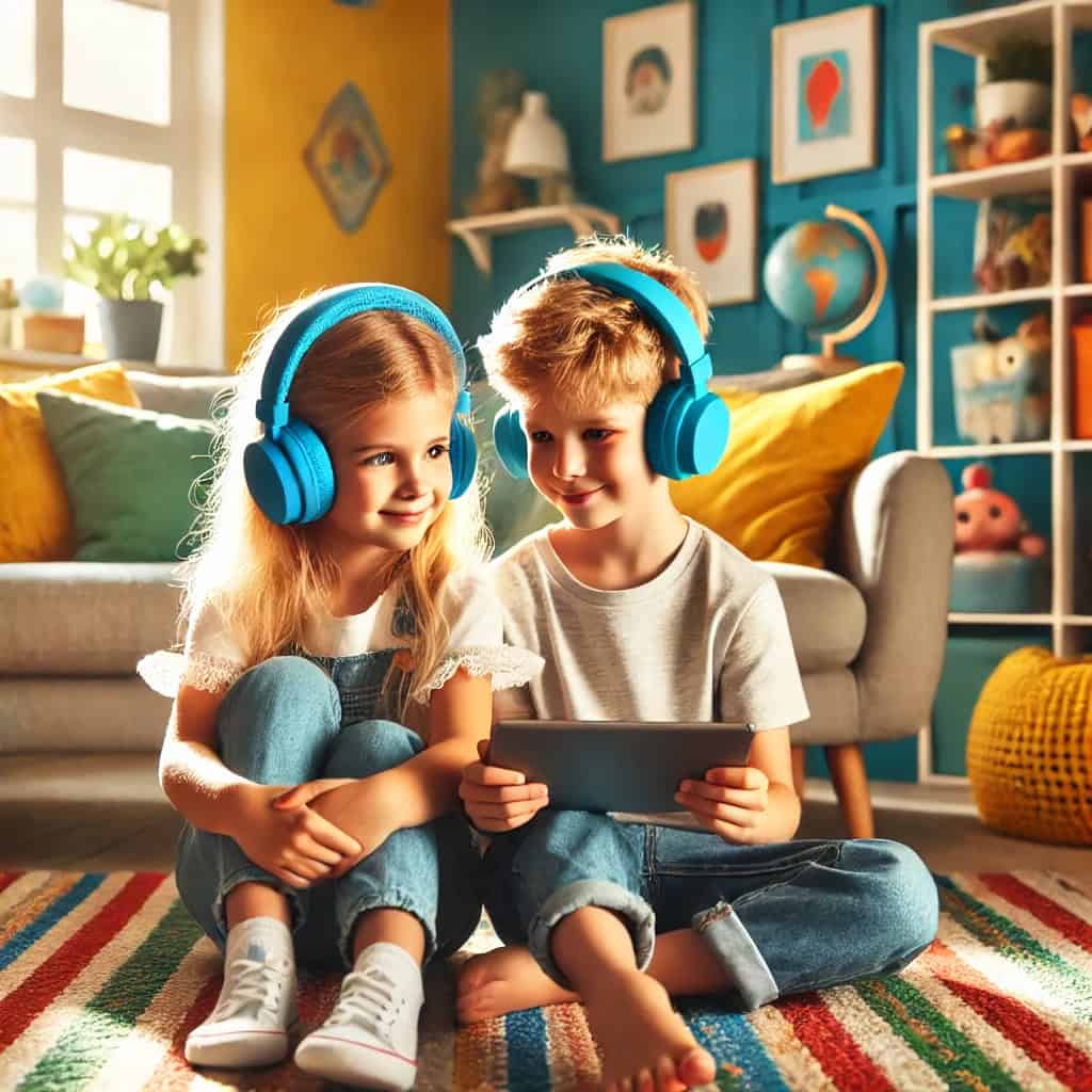 słuchawki dziecięce - ten sam niebieski model na uszach dziewczynki i chłopca