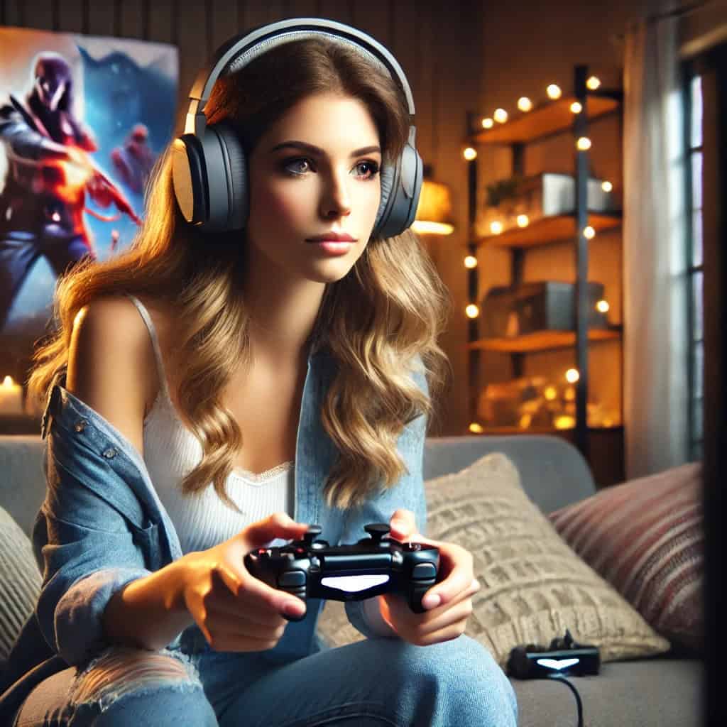 słuchawki fortnite na głowie kobiety z padem w ręku grającej w grę na konsoli