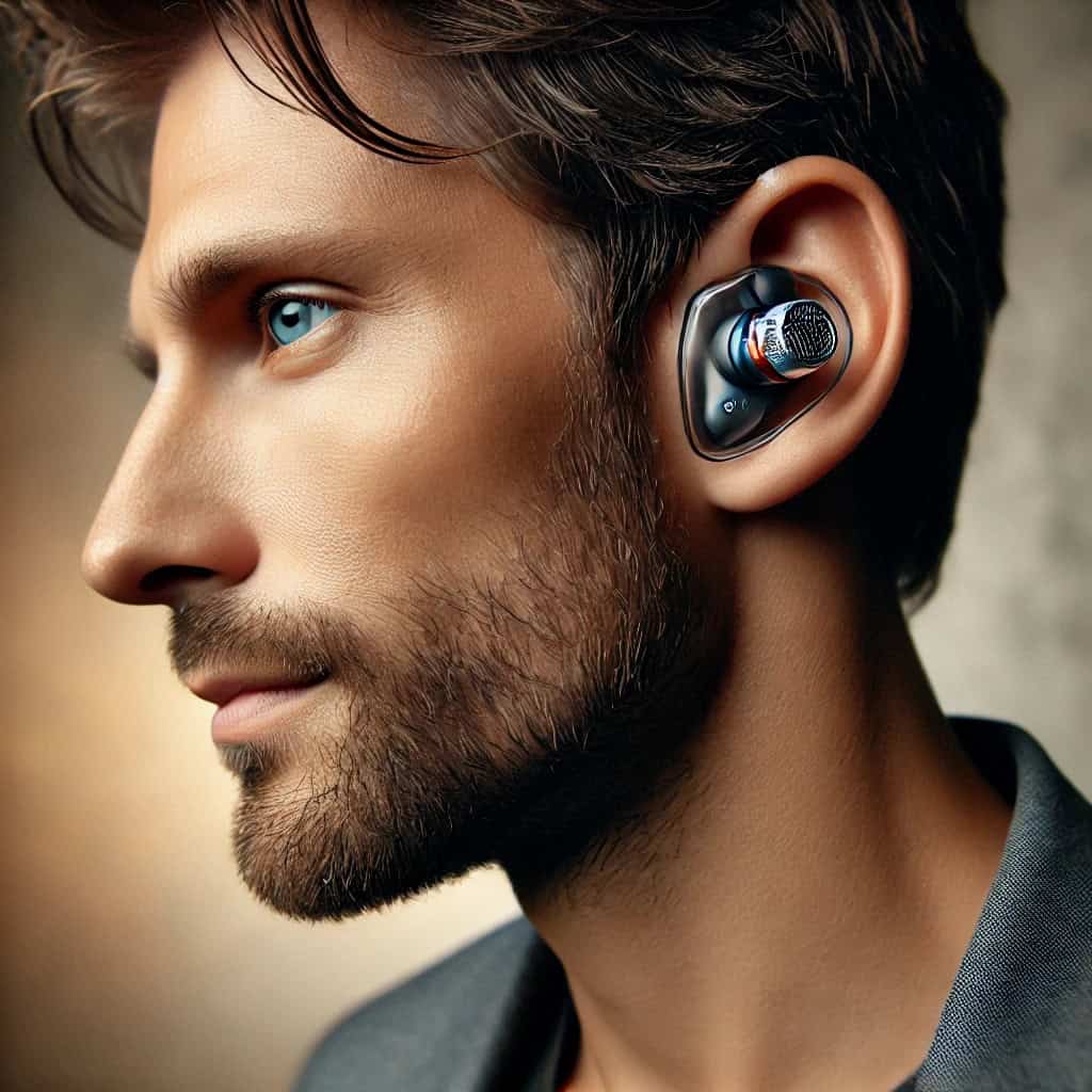 słuchawki hybrydowe co to jest - przykładowy model w uszach mężczyzny