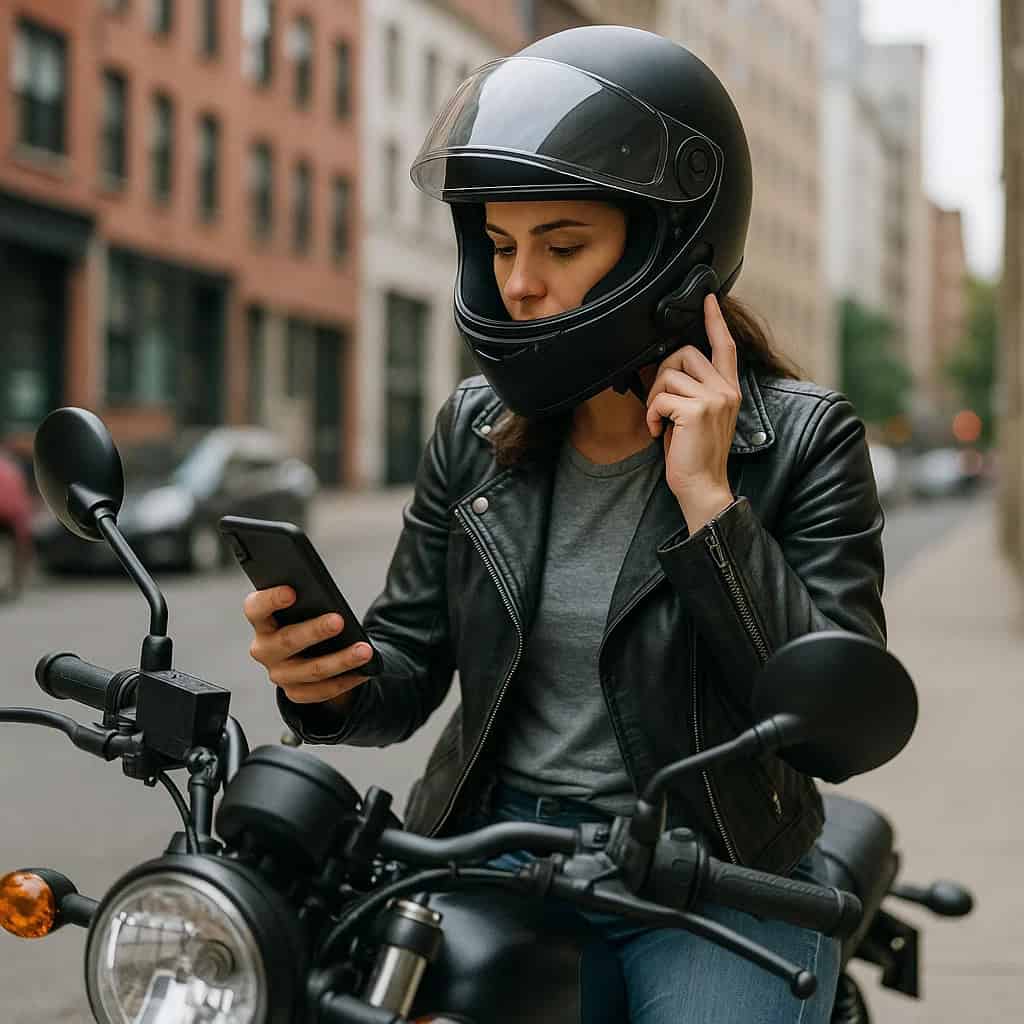 słuchawki motocyklowe na głowie kobiety, która siedzi w kasku na motorze, który stoi na chodniku i korzysta z interkomu i telefonu z nawigacją
