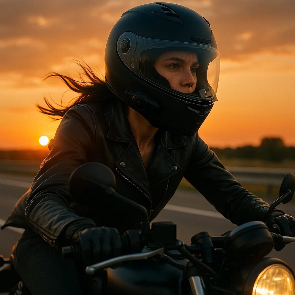 słuchawki na motocykl na głowie kobiety jadącej autostradą o zachodzie słońca w kasku z interkomem.