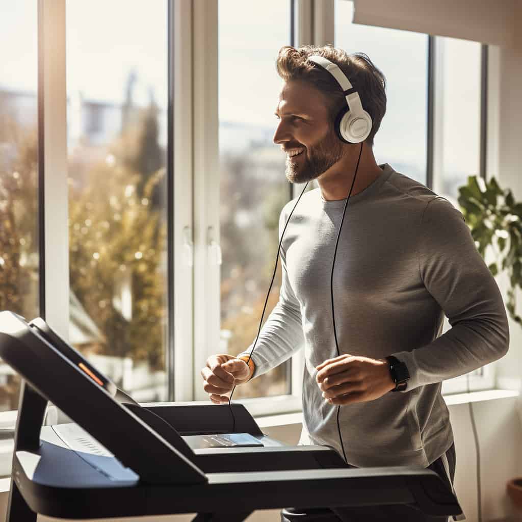 słuchawki na siłownię nauszne - mężczyzna w przykładowym modelu ćwiczy na stepperze