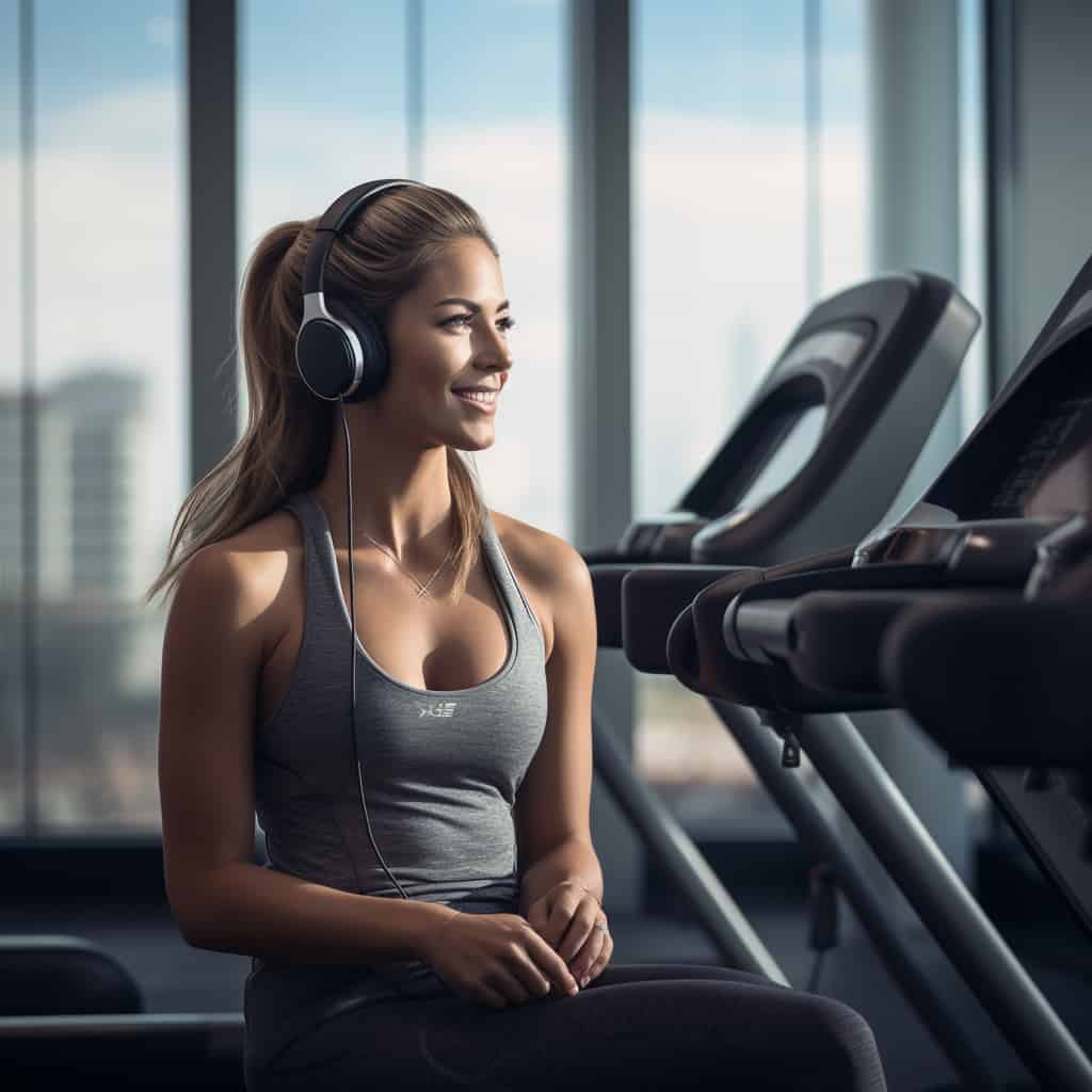 słuchawki na siłownie - kobieta siedzi obok steppera w przykładowym modelu