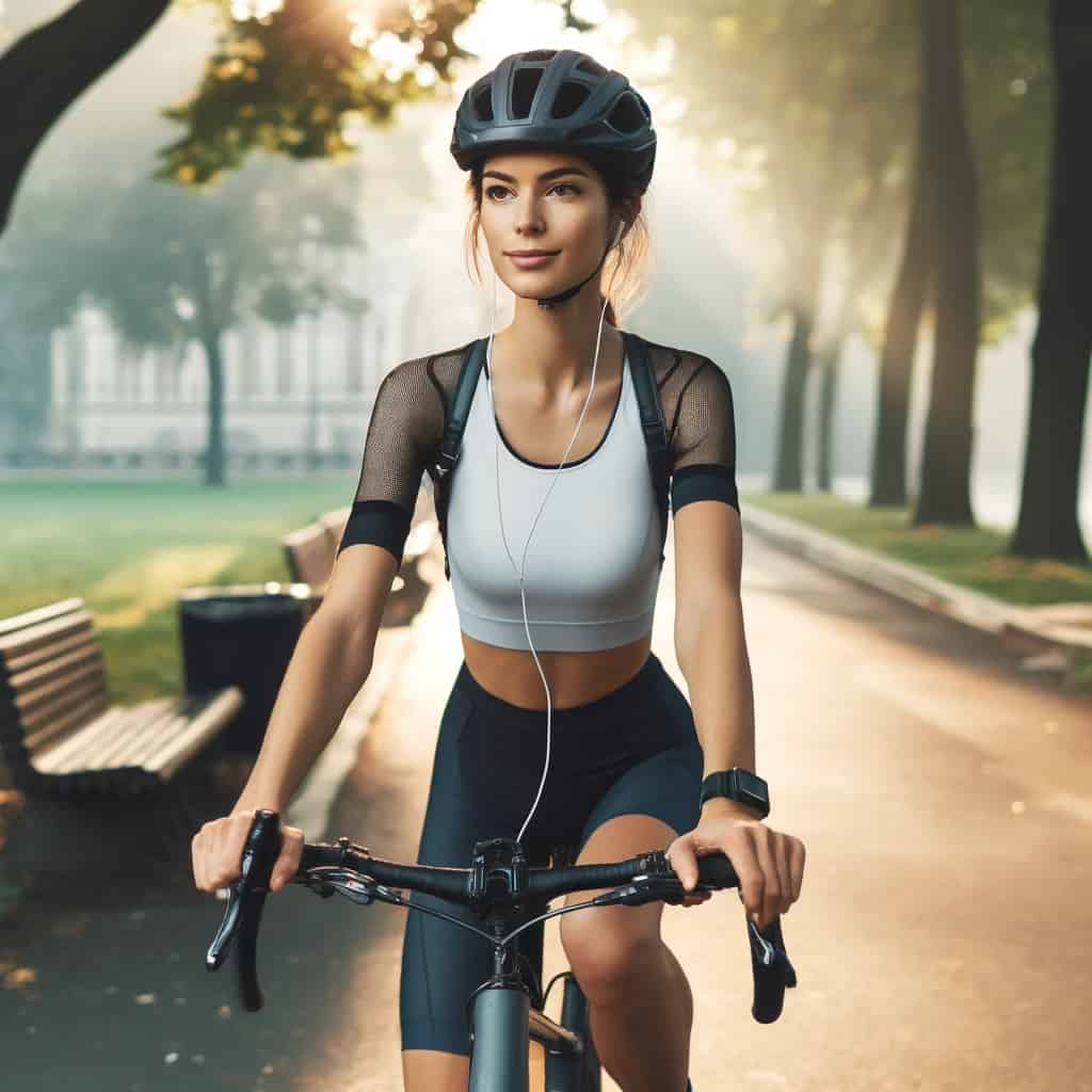 słuchawki na rower pod kask - przykładowy model w uszach kobiety