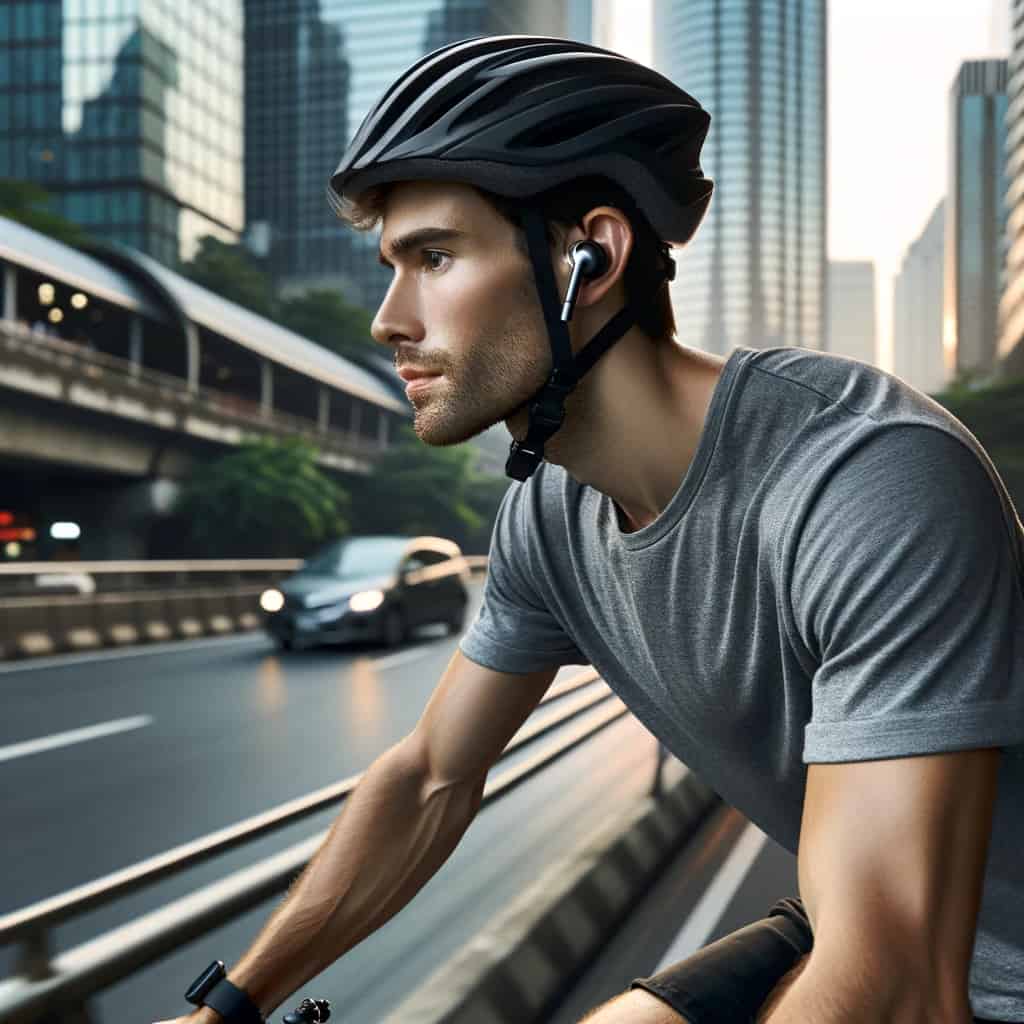 słuchawki na rower w uszach mężczyzny jeżdżącego po mieście