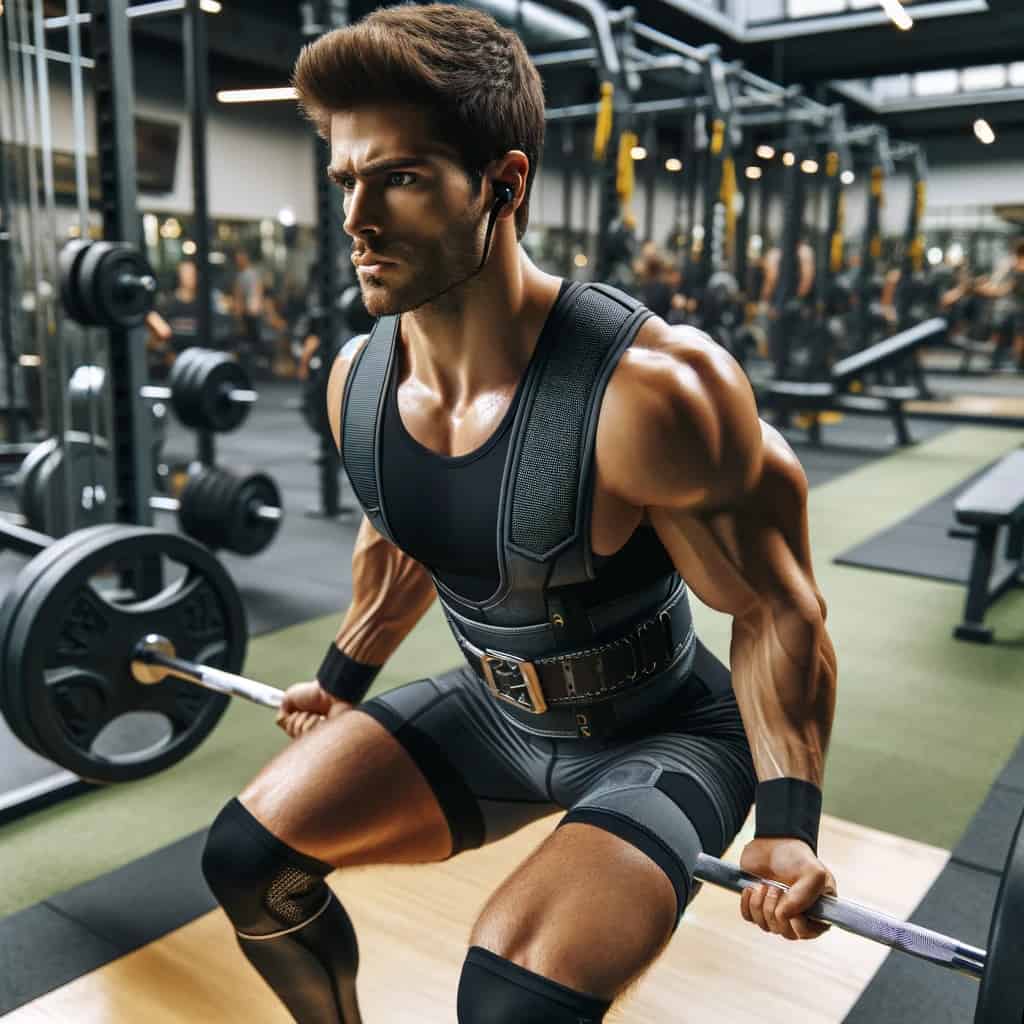 słuchawki na trening ranking - przykładowy model w uszach mężczyzny podnoszącego ciężary na siłowni