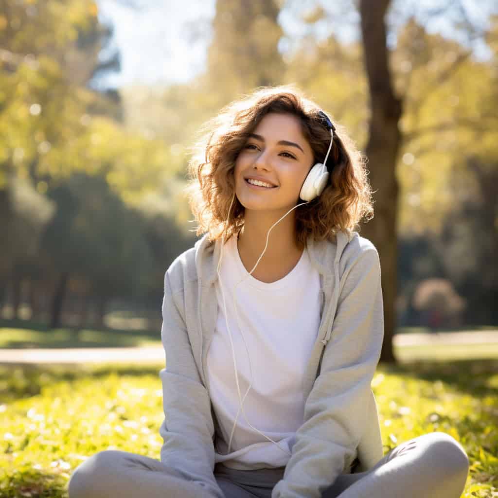 słuchawki na uszy - uśmiechnięta kobieta w parku prezentująca przykładowy model