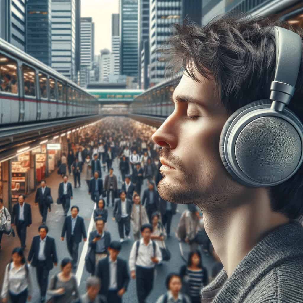 słuchawki nauszne zamknięte do 1000 zł - mężczyzna w tłumie w modelu z ANC