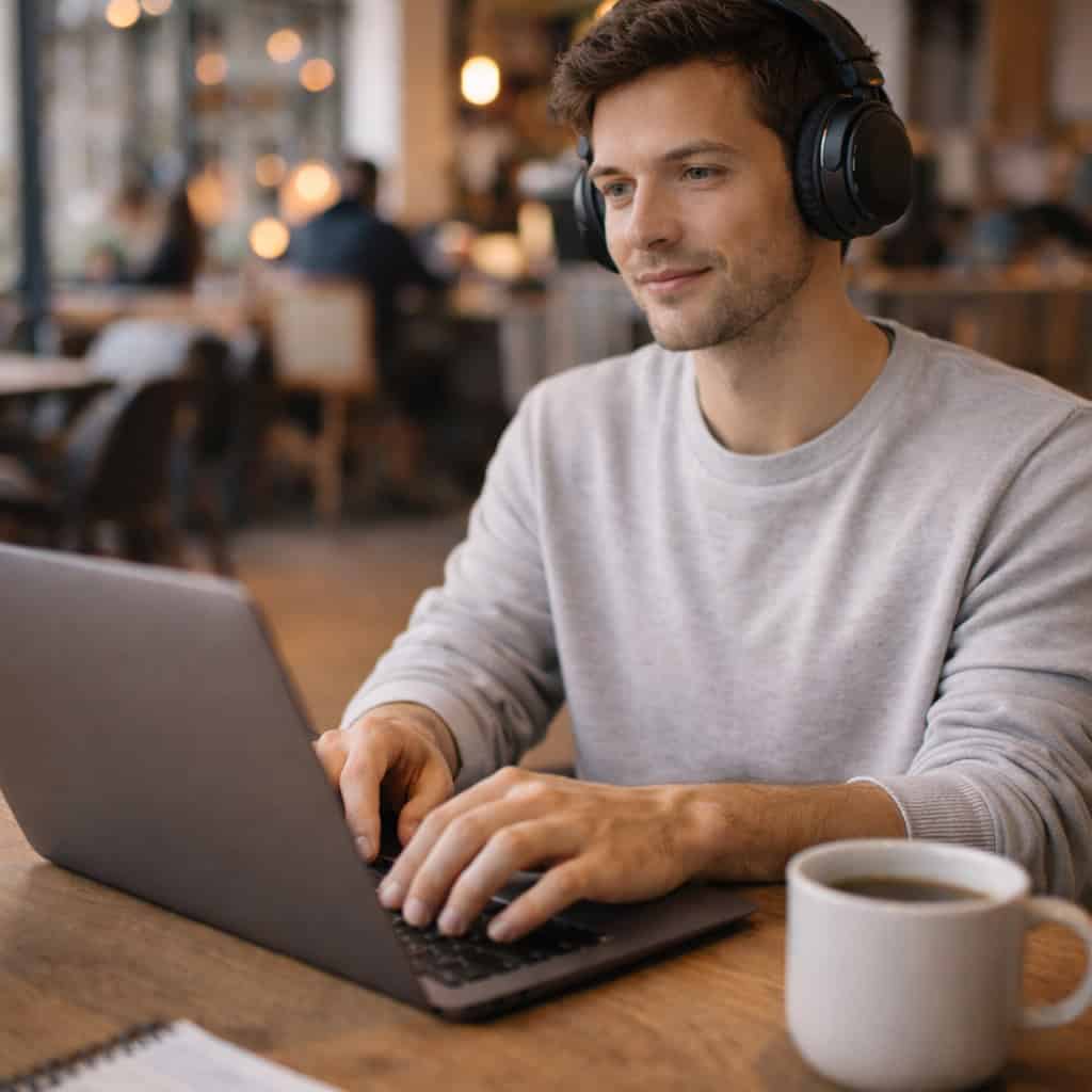 słuchawki nauszne zamknięte do pracy na głowie mężczyzny, który siedzi w kawiarni z laptopem