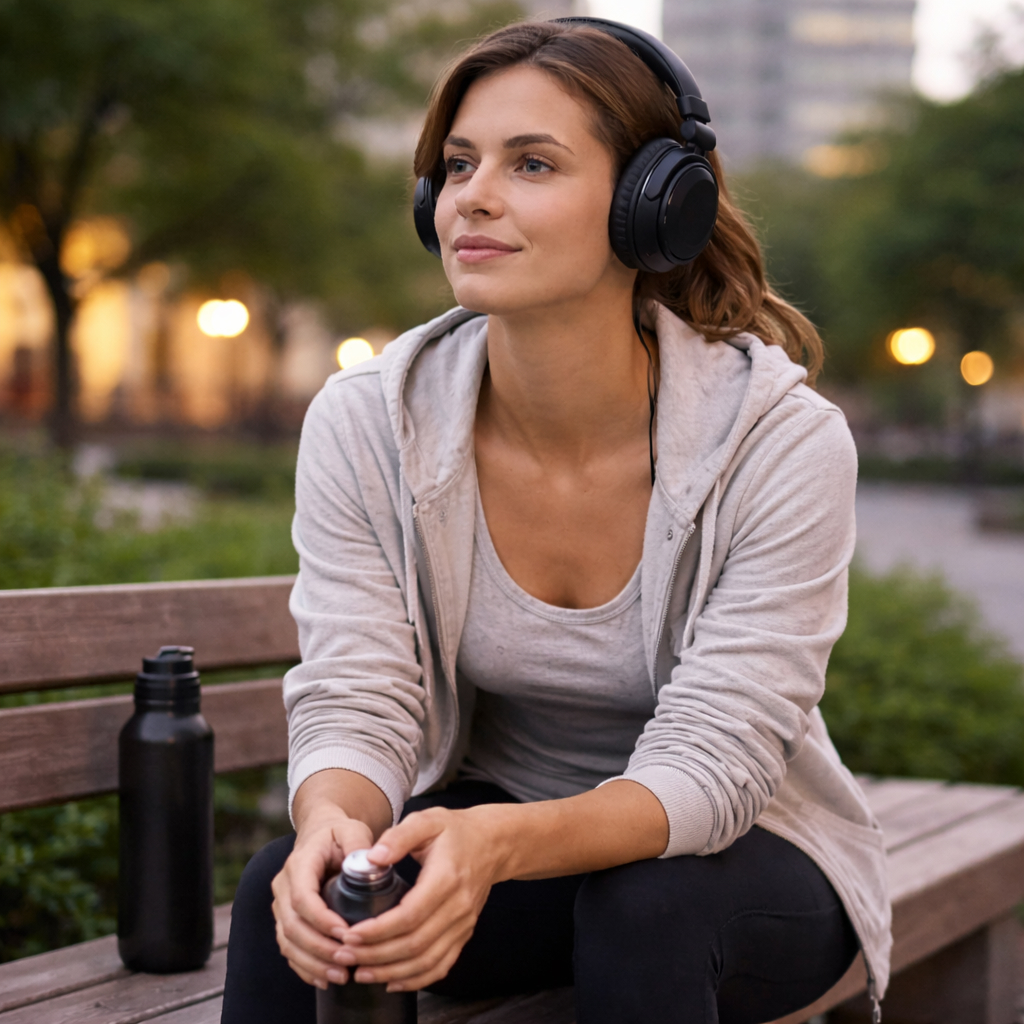 słuchawki nauszne zamknięte z Bluetooth na głowie kobiety siedzącej na ławce w parku