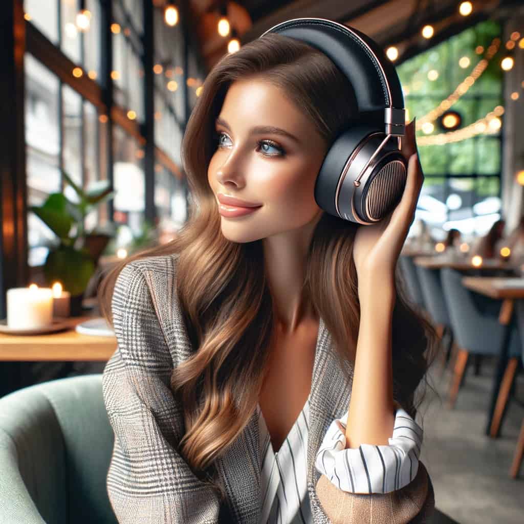 słuchawki nauszne bezprzewodowe do 1000 zł - kobieta w restauracji prezentująca nowoczesny design słuchawek