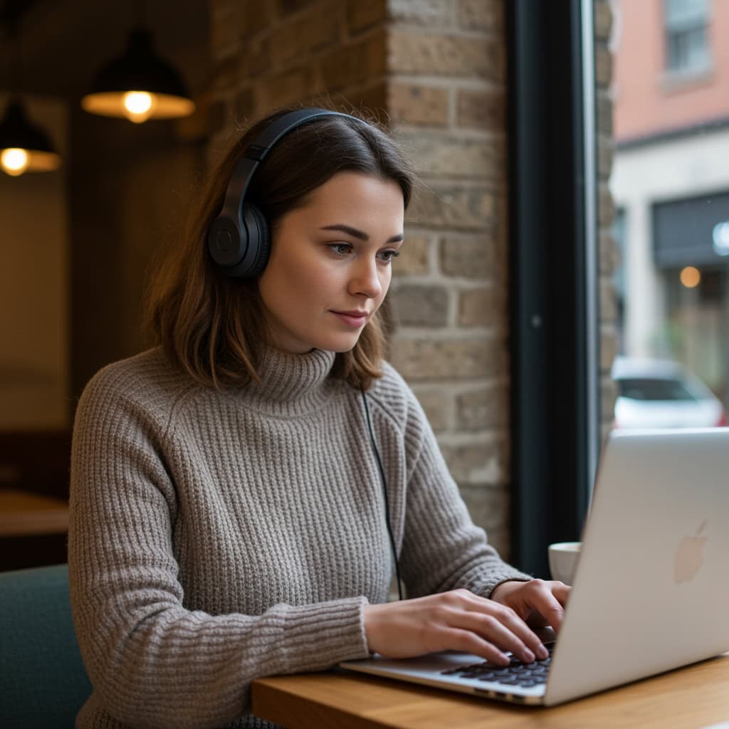 słuchawki nauszne do 400 zł z anc na głowie kobiety pracującej na laptopie w kawiarni