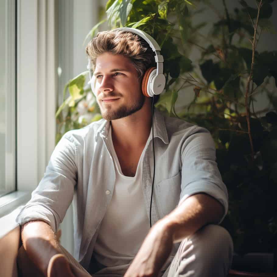 słuchawki nauszne do 1000 zł na głowie mężczyzny wyglądającego przez okno