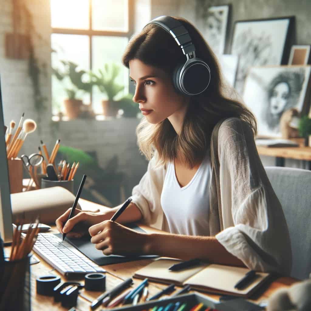 sluchawki nauszne do 200 - kobieta biorąca udział w lekcjach online w przykładowym modelu