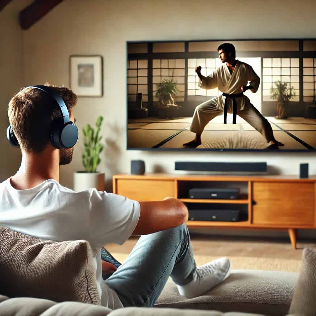 słuchawki nauszne do telewizora na głowie mężczyzny, który siedzi na fotelu, oglądając film karate